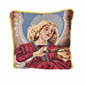 Christmas Angel Needlepoint Throw Pillow Green Velvet Holiday Wool 9 Inch Square